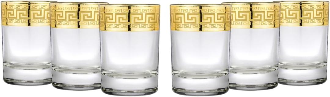 Joseph Sedgh Collection Greek Key Shot Glasses Set of 6-2 oz Heavy Base, Round Cylinder. Ideal for Tequila, Vodka, Aperitif, Espresso. Dishwasher Safe Premium European Grade Glassware