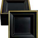 JOLLY CHEF 60 Pack Halloween Birthday Plastic Plates- Square Gold Plastic with Elegant Gold Rim 9.5 Inch Black Disposable Plates for Wedding, Birthday, Halloween and Party