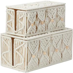 2PCS Cable Management Boxes Handmade Macrame Cord Storage Organizer Power Strips Outlet Router TV Wire Hider Cover Under Desk Natural Cotton Rope Woven Box with Lid (1 Large 1 Medium)
