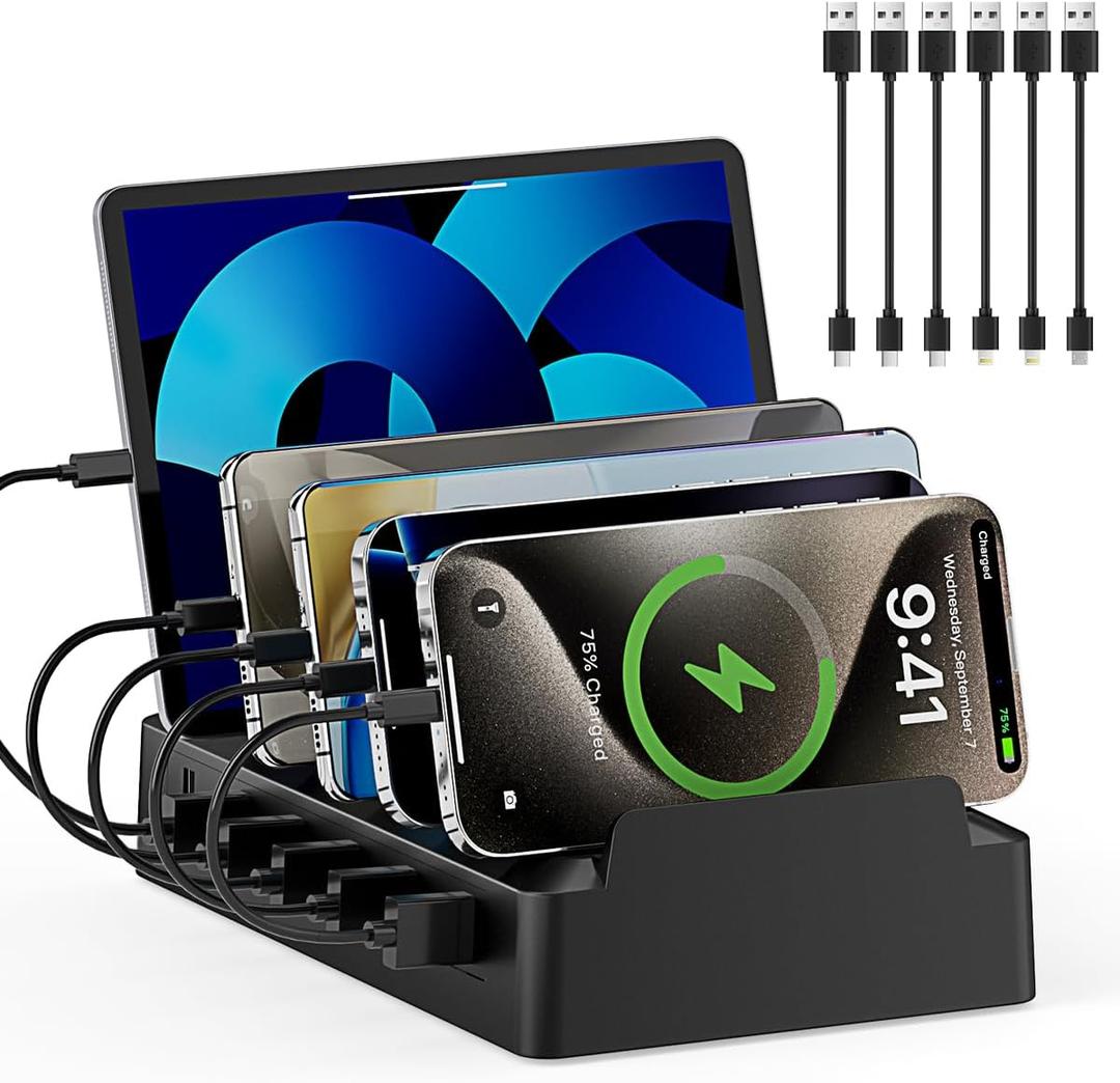 Charging Station for Multiple Devices, 6 Port Charger Stations with Flame-Retardant Material & 6 Cables for Apple, Android, iPad, Office Desk Charging Dock Organizer (Black)