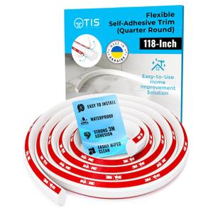 TIS Peel & Stick Trim Molding with 3M Tape  118 Inch, 0.42"x0.42" Edges (0.6" Face), White Flexible PVC Trim, Corner Molding Trim Peel & Stick, Flexible Quarter Round Molding for Floor Trim & Edges