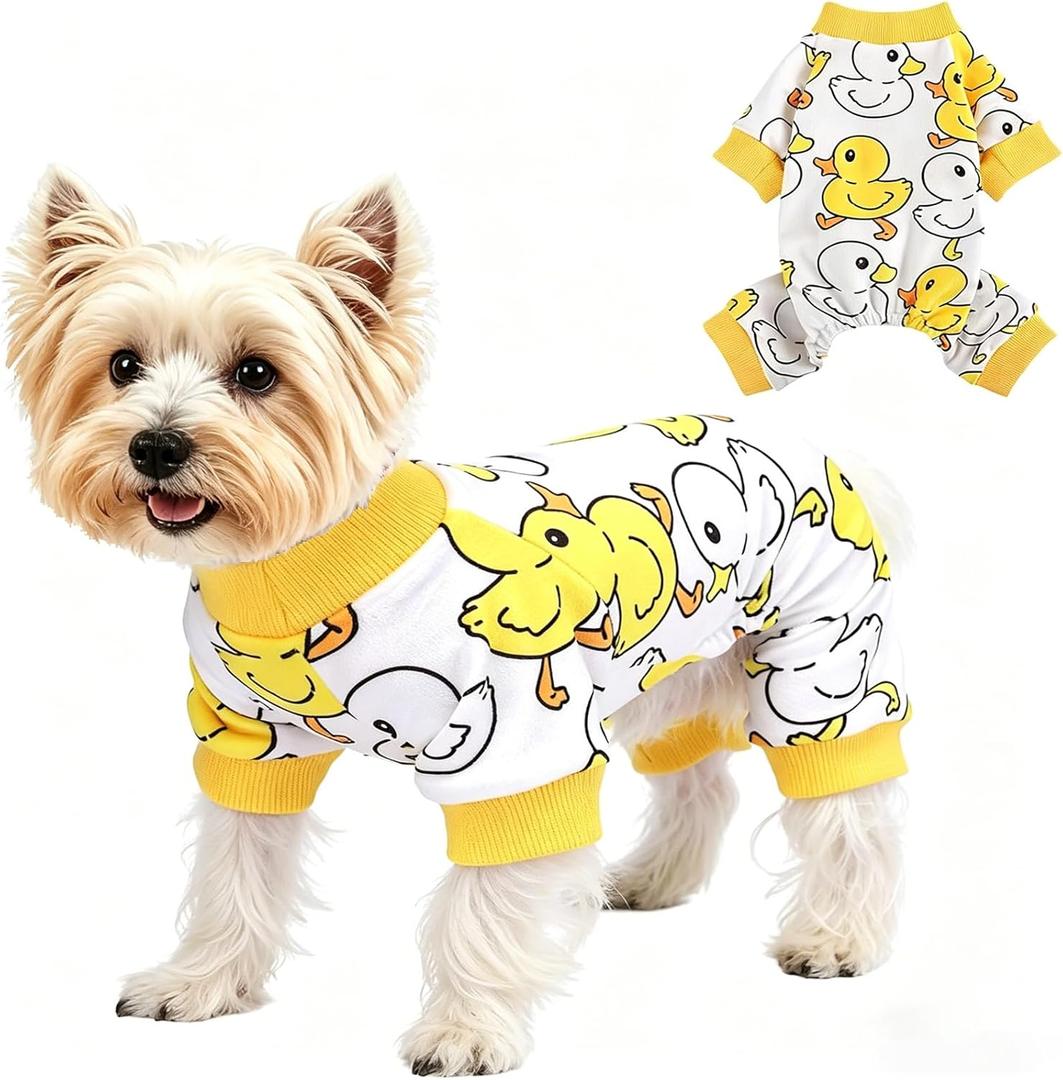 Yikeyo Dog Pajamas for Small Dogs Girl Boy, Yorkie Chihuahua Pjs, Stretchable Pet Apparel, Doggie Clothes Teacup, Soft Doggy Sleepwear Outfit, Comfortable Puppy Jumpsuit (Duck, X-Small) (X-SmallChest 14.2 in))