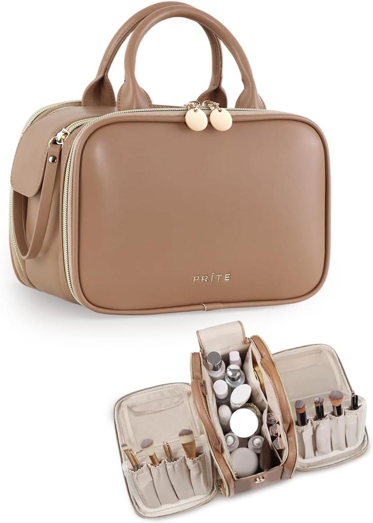Prite Makeup Bag for Women, Large Capacity Waterproof Travel Cosmetic Organizer, Portable Open Flat Toiletry Bag with Free-standing Brush Holder and Handle(Brown Large)