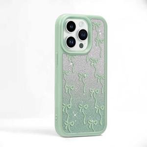 Bow Case for iPhone 14 Pro Max,Clear Slim Fit Pretty Aesthetic Bow Phone Case Cover for Women Girl,Soft Frame Hard Back Non-Yellowing Glitter Shimmer Protective Bowknot Pattern Case,Green