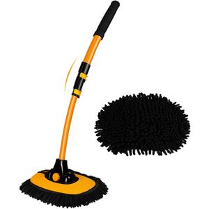 15 Curved Car Cleaning Brush with Telescopic Handle 43" Aluminum Alloy Long Rod Wash Mop For Washing Caravan Van Truck Boat RV Roof Soft Chenille Head Duster Clean Product Not Hurt Paint Scratch Free (Back and Yellow)