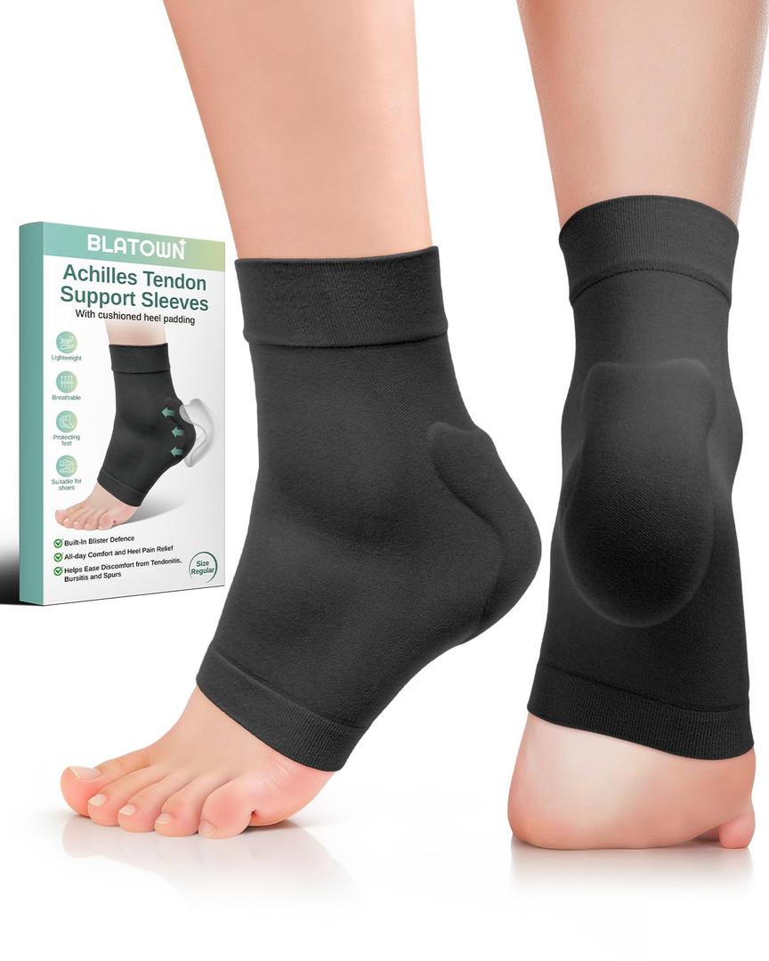 Achilles Tendon Support with Silicone Heel Protector Cushion Pad, Achilles Tendonitis Relief Sleeve Brace Compression Socks for Women Men Plantar Fasciitis, Bursitis, 1 Pair (Black, Large)