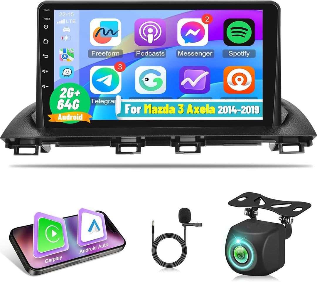 2+64G Radio for Mazda 3 2014 2015 2016 2017 2018 2019, 9 inch Android Touch Screen Mazda 3 Car Stereo, Carplay/Android Auto/Bluetooth/EQ Audio/SWC