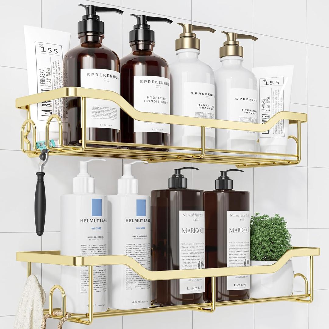 Kitsure Shower Caddy Large - Adhesive Shower Organizer, Stainless Steel Shelf for Inside Shower, No Drill Bathroom Organizers and Storage, Home Decor Accessories, 2 Pack, Gold