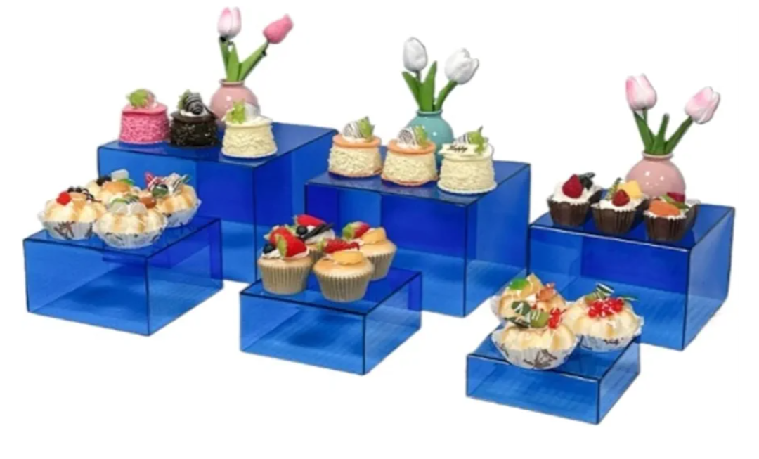 Bouiexye 6Pcs Blue Buffet Risers Acrylic Boxes Display Risers Food Risers for Buffet Table Display Riser for Platter Parties Weddings Catering Dessert Collectibles Figures Show ( 6''x7''x8'')
