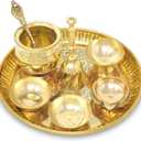 NOBILITY Brass Pooja Thali Set Small 6 Inch Puja Thali with Pital Plate Chandan Wati Kalash Kuber Diya Ghanti Palli Arti Thali for Diwali Home Office Mandir Wedding Return Gift Items