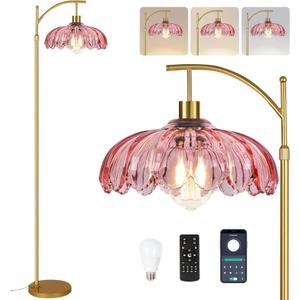 Floor Lamp for Living Room,Bedroom,Gold Dimmable Standing Lamp with Remote,Mid Century Modern Brass Tall Lamp Retro Vintage Pink Glass Lamp Floor Light Boho Bohemian