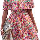 Off Shoulder Boho Floral Swing Mini Dress Summer Strapless Pleated Short Dress (M)