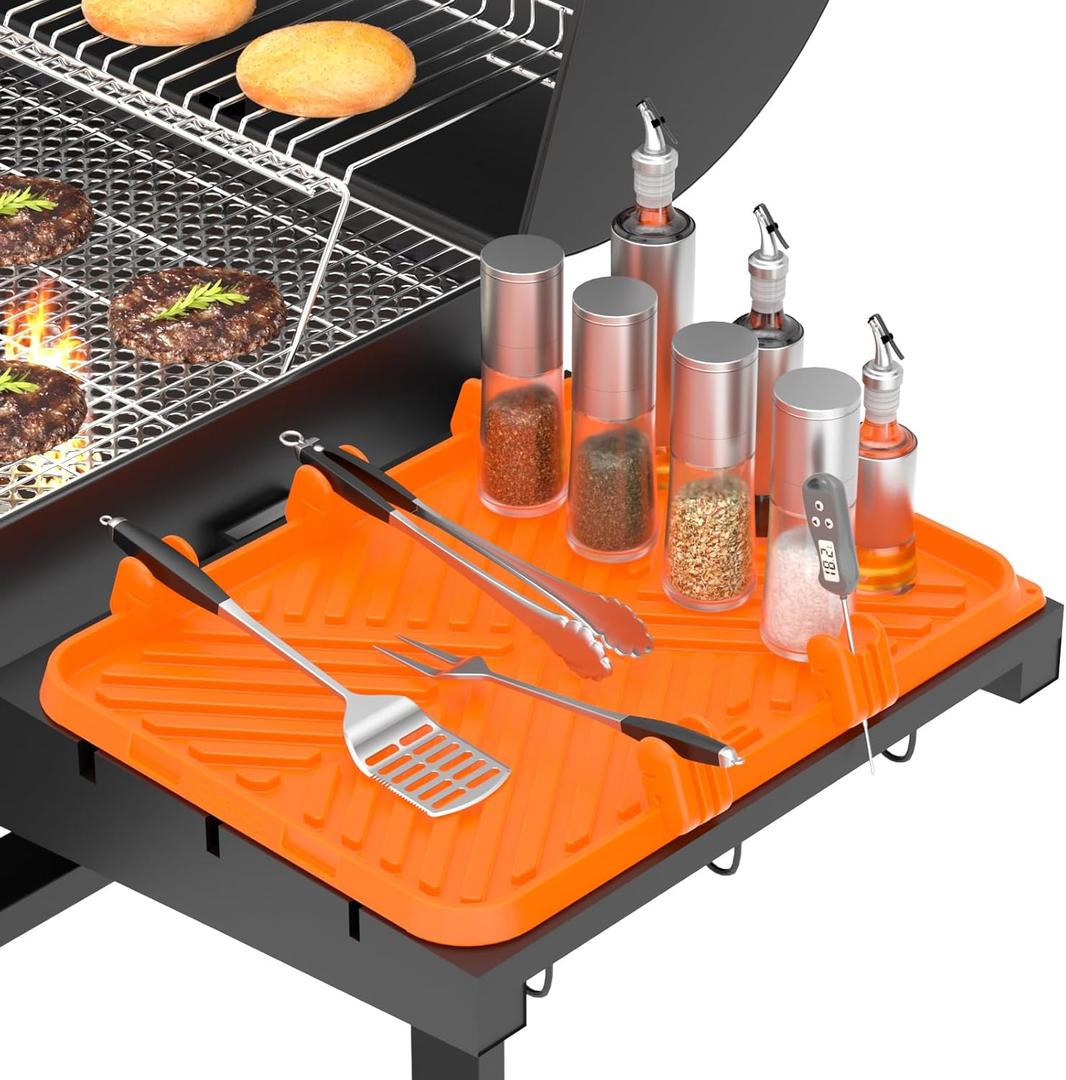 Silicone Griddle Tool Mat for Blackstone Side Shelf with 5 Removable Silicone Grill Tools HoldersSpatula Holders & Utensil Rests with Thermometer Slots, Drain Mat for BBQ Accessories Orange 12x16Inch