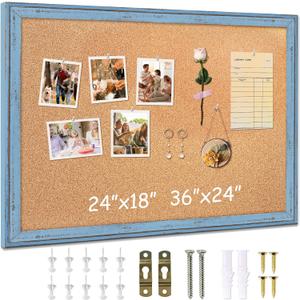 DOLLAR BOSS Cork Boards for Walls, 24 X 18 Inches Bulletin Board Decorative Hanging Pin Board Rustic Wooden Frame Vision Board Notice Board for Office Home Decor, Blue