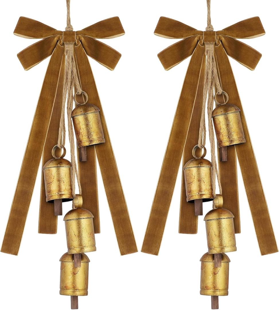 Fovths 2 Set Christmas Rustic Cow Bells with 2 Velvet Ribbons Metal Harmony Vintage Cow Bells Handmade Hanging Cows Bell for Xmas Tree Garland Wall Decor Parties Gifts