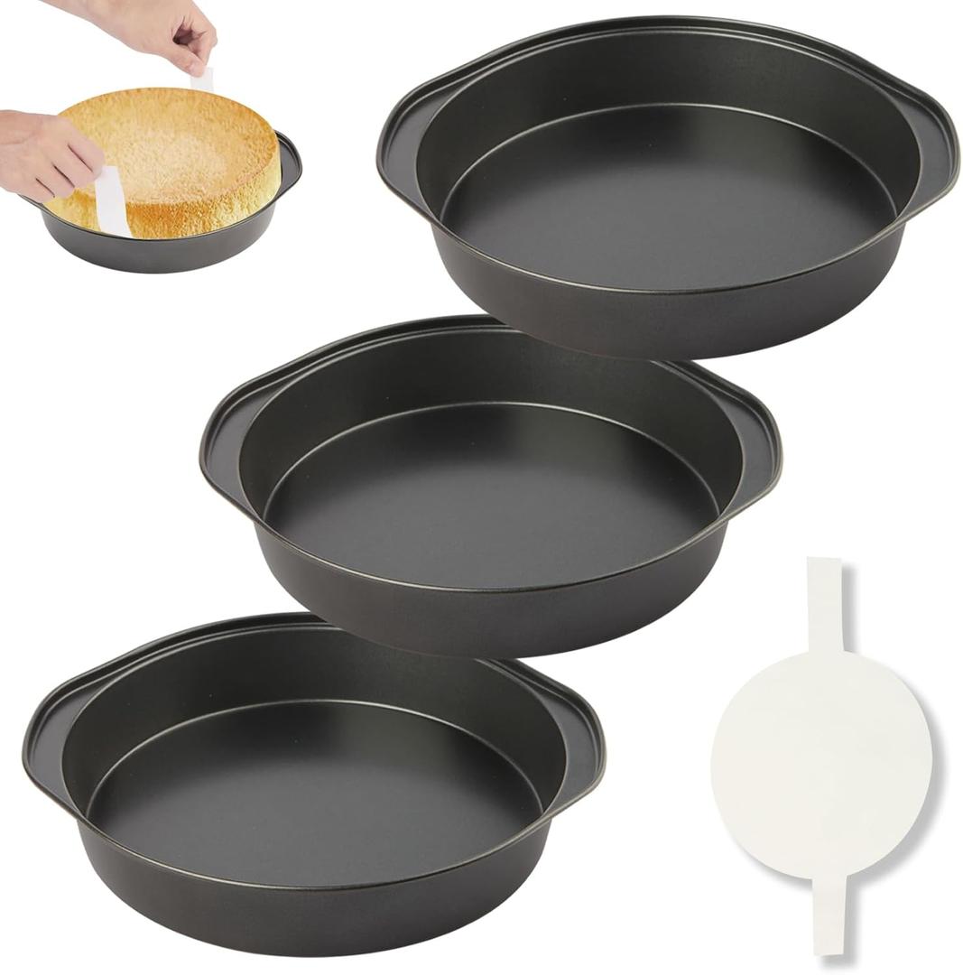 6 Inch Cake Pan - 3PCS Nonstick Round Cake Pans with 100 PCS Parchment Paper, Carbon Steel Smash Cake Baking Pans with Handle, Dishwasher Safe