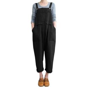 Gihuo Women Linen Overalls Jumpsuits Loose Fit Baggy Bib Rompers Casual Summer Outfits Trendy 2025 (3X-Large, Black)