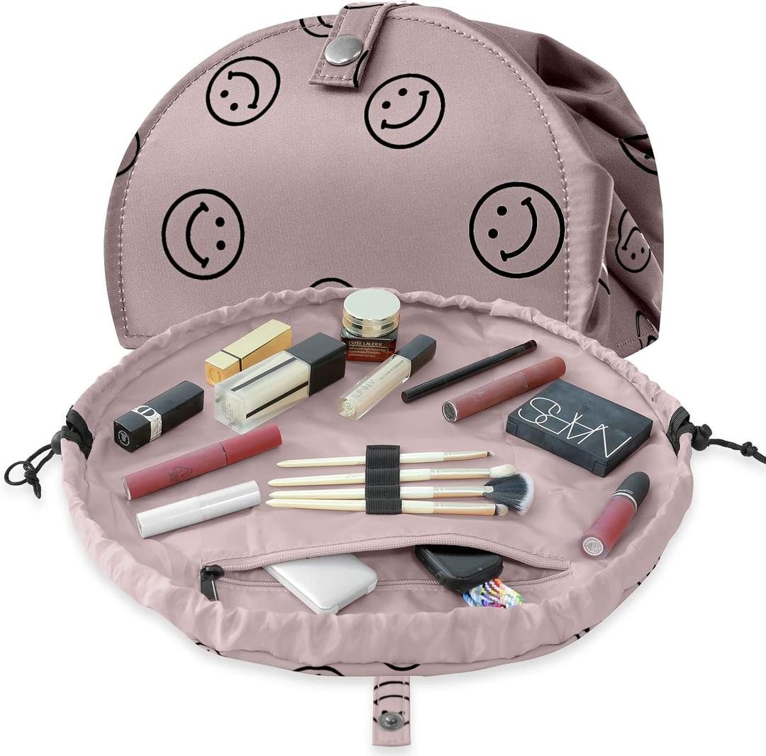 Drawstring Makeup Bag Open Lay Flat,Large Capacity Cosmetic Bag For Women Purse With Compartments,Travel Toiletry Bag Accessories Organize (Brown)