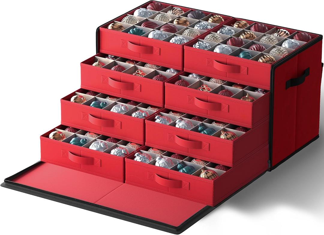 SONGMICS Large Christmas Ornament Storage Box, with Side Open, Stackable Christmas Storage Container with Lid, 8 Drawer Trays, 600D Oxford, 3-Inch 128 Slots, Cherry Red URFB038R01