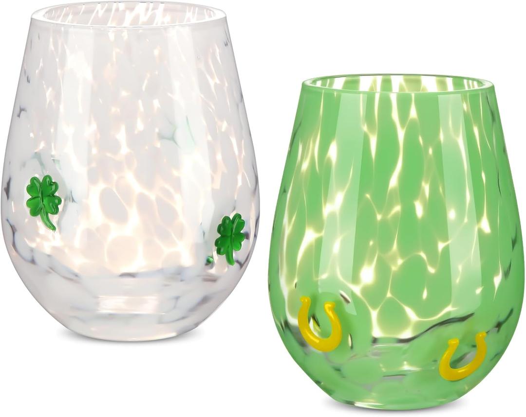 Mimorou 2 Pcs Icon Juice Glass for Irish 14 Ounce Shamrock Lucky Clover Themed Drinking Cocktails Glasses for Party, Double Old Fashioned Reusable Cups for Home Bar Decor Lovely Gifts