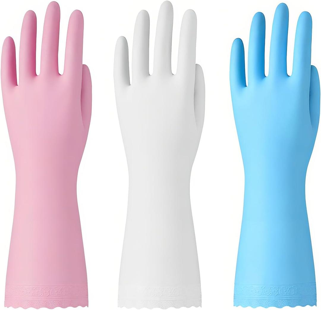 Bamllum Rubber Cleaning Gloves - 3 Pairs Latex Free Kitchen Cleaning Gloves with Cotton Liner- Household Dishwashing Gloves, Non- Slip Waterproof (Medium, Blue+Pink+White)