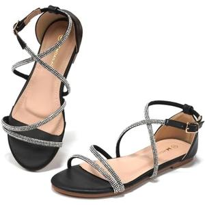 MOAILAOZI Women's Flat Sandals Ankle Strap & Rhinestone Strappy Slides With Soft Memory Foam Insole, Beach Dressy Slippers for Summer Vacation, Size 8, Black
