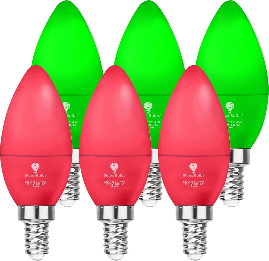 6 Pack LED Red Green Light Bulb - 4W (40Watt Equivalent) - E12 Base Red Green LED Bulb, Party Decoration, Porch Holiday Lighting, Candelabra Bulbs Non-Dimmable