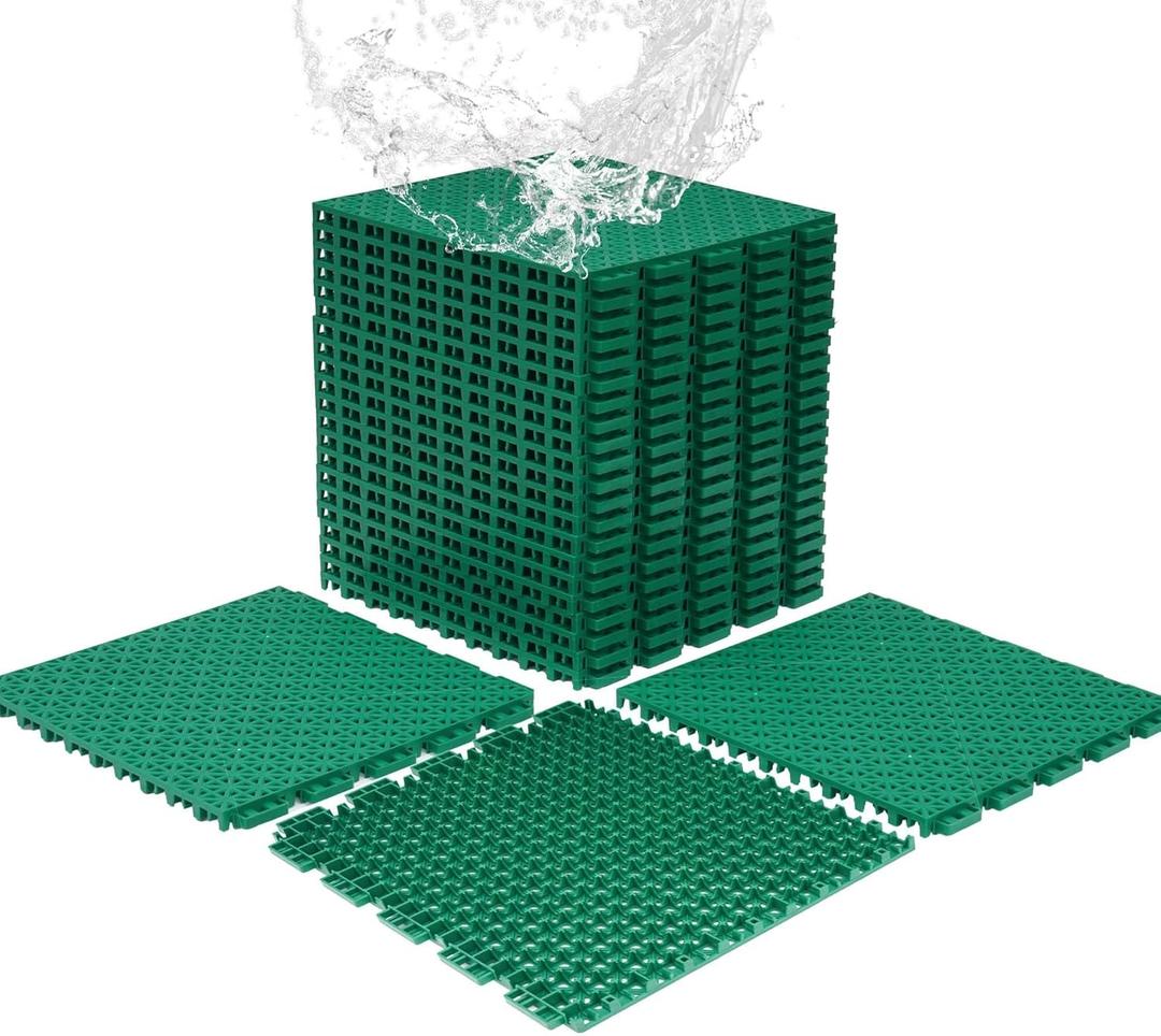 jxgzyy 24 PCS Basketball Court Tiles, 5/8 Inch Thick Interlocking Sport Outdoor Floor Tiles, Non Slip PP Drainage Mat for Tennis Court Drain Deck Pool Patio Shower Kitchen Garage Poach (Green)