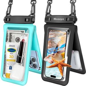Niveaya Double Space Waterproof Phone Pouch - 2 Pack, Waterproof Phone Lanyard Case with iPhone 16/15/14/13/12 Pro Max up to 8.3", Phone Dry Bags for Vacation Beach Pool Kayak Cruise Travel Essentials (Black+ Teal)