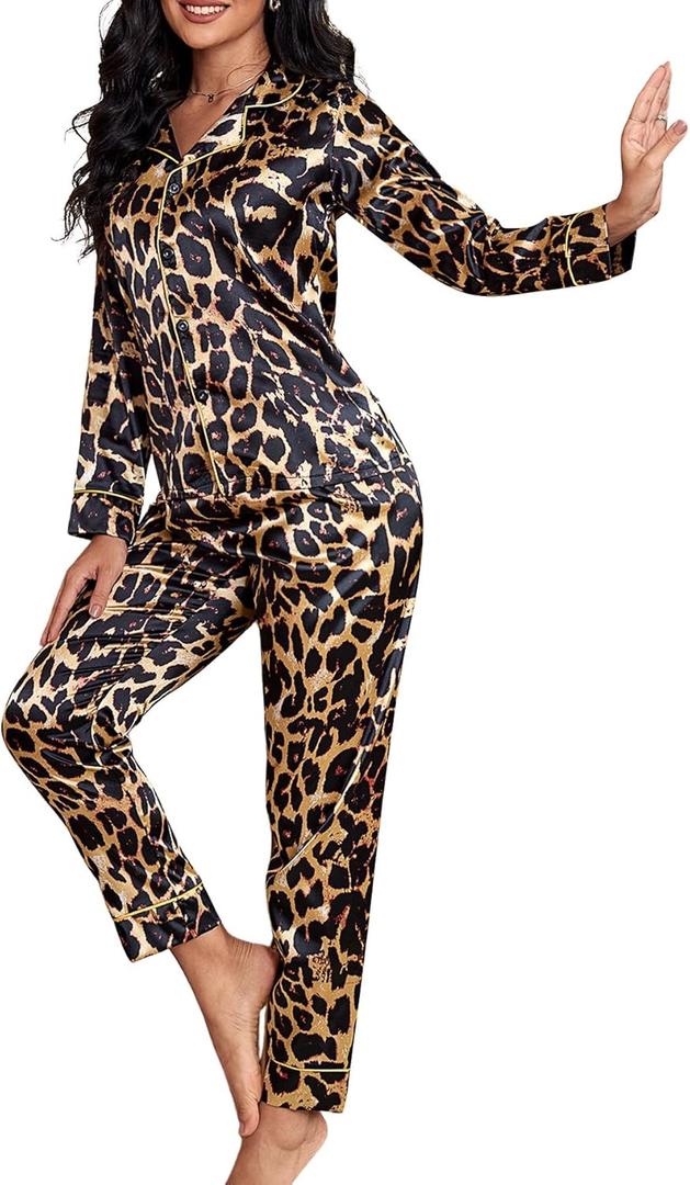 WDIRARA Women's  Leopard Print Satin Pajama Pants Sleepwear Pants (Large)
