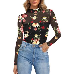 Poetsky Womens Floral Lace Tops Mesh Long Sleeve Shirts Mock Neck Nightout Going Out Top Work Outfits Black XL (XL)
