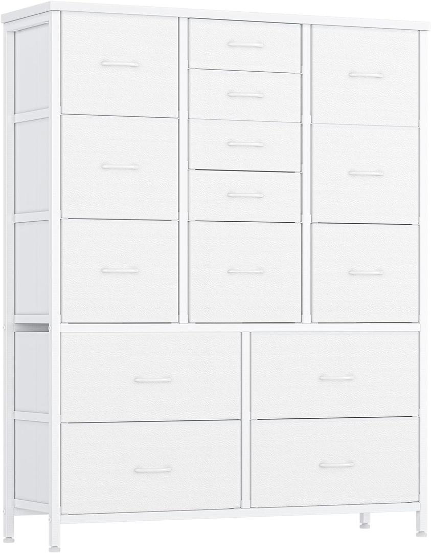 Jojoka 15 Drawers Dresser for Bedroom, Tall Dressers & Chests of Drawers for Hallway, Entryway, Storage Organizer Unit with Fabric, Sturdy Metal Frame, Wood Tabletop, Easy Pull Handle (White)