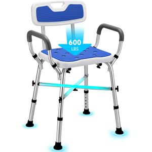 Shower Chair for Inside Shower, FSA/HSA Eligible 600 lbs Heavy Duty Shower Chair for Elderly and Disabled, Height Adjustable Shower Chair with Arms and Back, Bath Chairs for Seniors, Adults, Handicap (Blue)