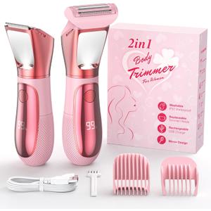 Bikini Trimmer for Women, 2 in 1 Electric Razors Shaver, IPX7 Waterproof Body Hair Trimmer with Mirror, LED Light & Display, Painless Pubic Hair Removal, Pink