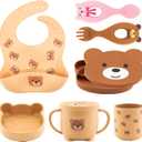 Silicone Baby Feeding Set 7 Pcs, Baby Led Weaning Supplies, Baby Feeding Supplies Set BPA Free, Baby Essentials for Newborn Gift Bear