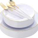 DaYammi 30 Guests Gold Plastic Plates with Disposable Silverware,Gold Cutlery with White Handle,White Golden Disposable Dinnerware:60 Dinner/Dessert Plates,90 Plastic Silverware Set for Wedding Party