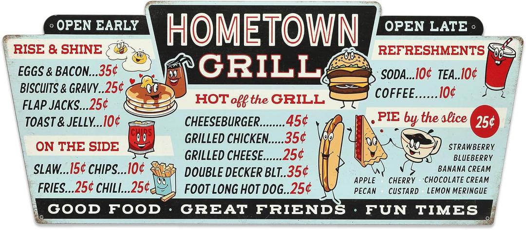 Hometown Grill Menu Metal Wall Decor - Large Distressed Menu Sign for Kitchen or Dining Room (Blue/Red)
