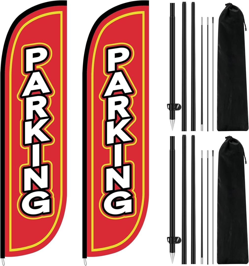 Fanfanwin 2 Pack Parking Feather Flag with 11 ft Pole Kit for Business Outside Includes Banner and Pole Sets, Outdoor Parking Feather Banner Easy Hang Swooper Flag