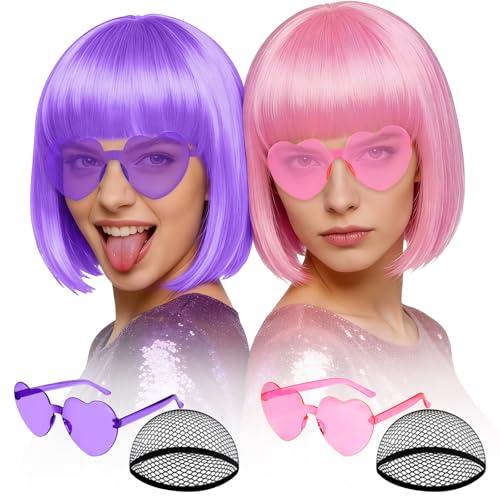 MEEZY 2 Pcs Colorful Bob Wigs with Bangs Pink Purple for Women, Neon Funny Wig Short Bob Hair with Heart Sunglasses Hair Cap for Halloween Costume Cosplay Birthday Bachelorette Party Carnival
