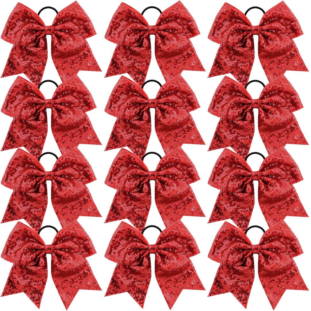 12 Pieces 8 Inch Red Cheer Bows Glitter Jumbo Cheerleading Bow with Elastic Ponytail Holder Bow Hair Tie Band Hair Accessories for School Girls Toddlers