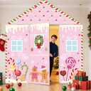 AIBIIN 4 Pcs Pink Christmas Gingerbread Door Decorations Xmas Gingerbread House Candy Door Covers Backdrop Christmas Hanging Banner Porch Sign for Holiday Classroom Office Home Party Decor