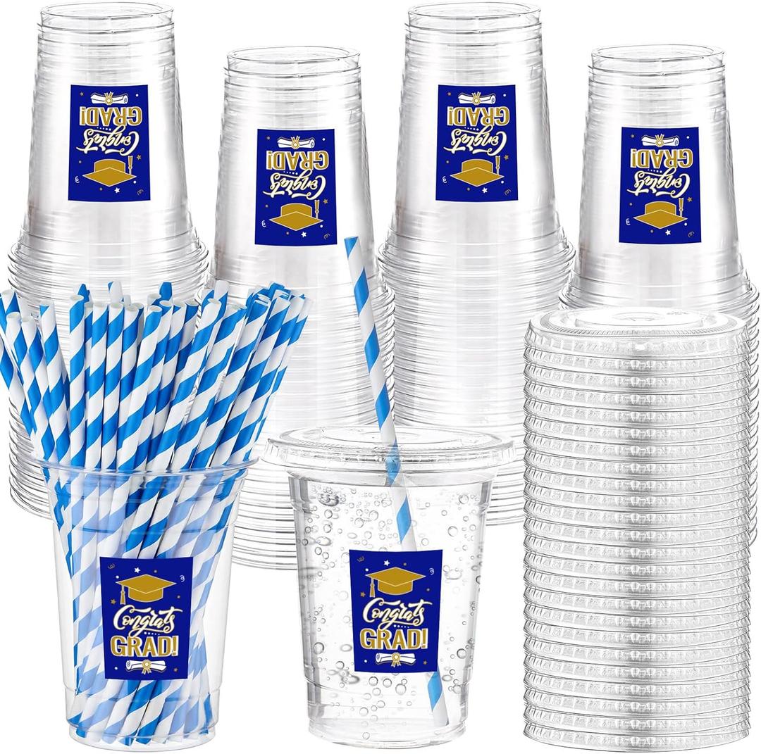 Sliner 50 Set 2026 Blue and Gold Graduation Plastic Cup Disposable with Lid and Paper Straw 16 oz Clear Drinking Cup for College High School Grad Party Supplies Decoration Festivities