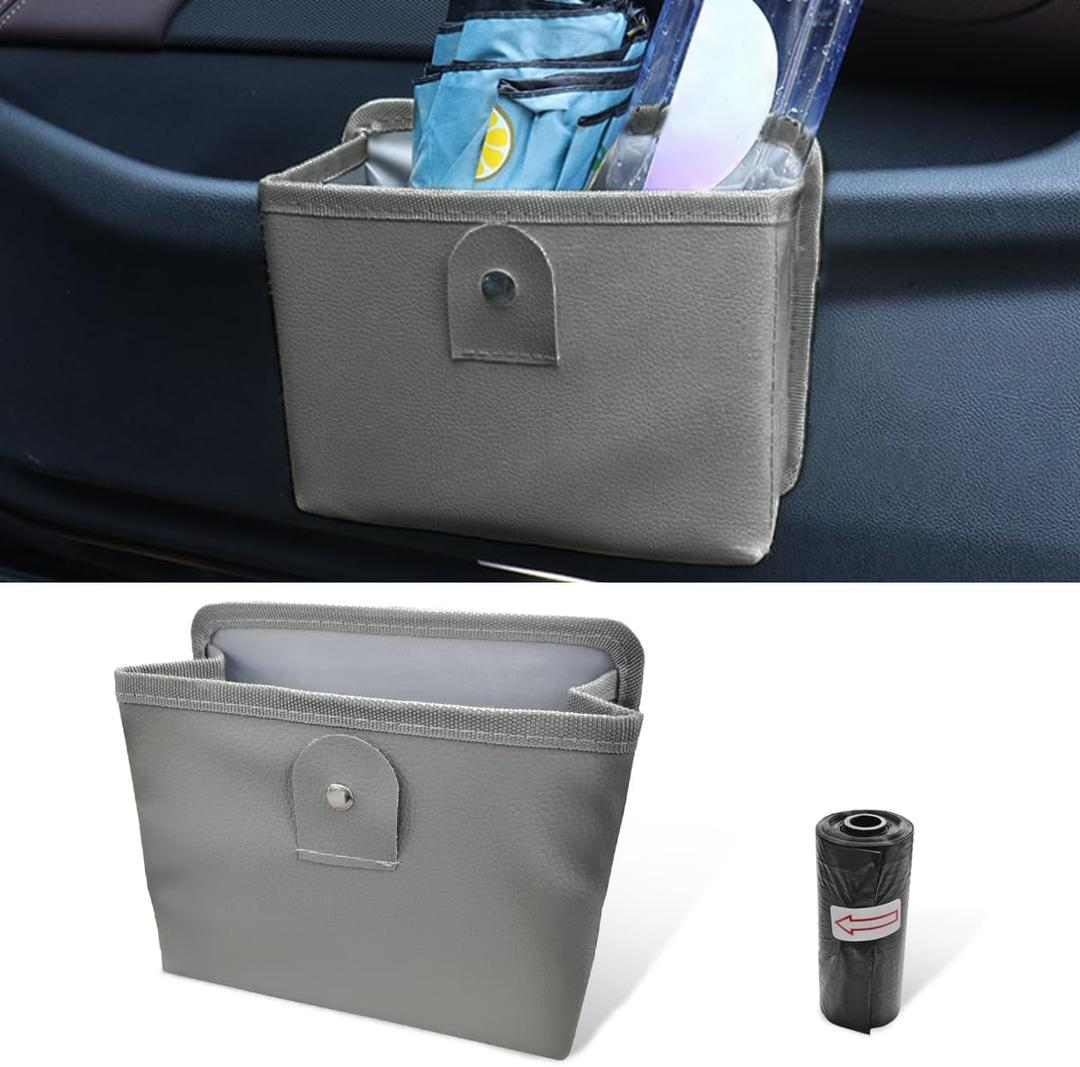 BDZMC Car Trash Can, Hanging Storage Container Dustbin, Foldable Garbage Organizer, Leather Mini Car Trash Bin with One Roll Trash Bag, Universal Car Accessories for Vehicles Home Office (Grey)