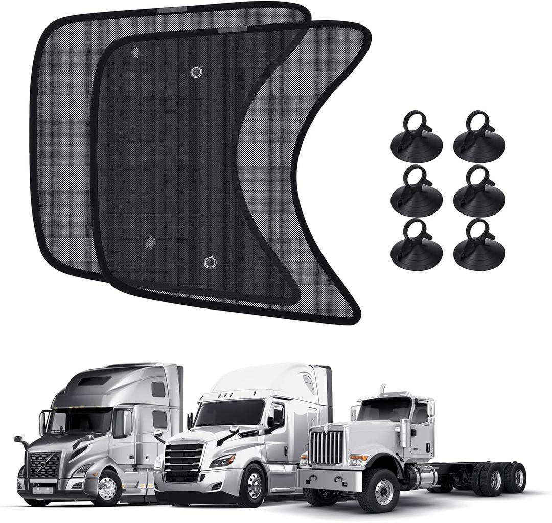 KUST 2PCS 23.6''*21.6'' Side Window Shade for Semi Truck, Peterbilt 389, Volvo VNL, Freightliner Cascadia, Freightliner Argosy - Mesh Sunshade with Suction Cup - Semi Truck Accessories for All Season