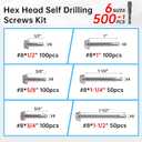 500+1PCS Self Tapping Screws for Metal,Stainless Steel Hex Head Sheet Metal Screws Assortment Kits for Wood, Metal & Furniture Repair, Includes 1/2", 1", 5/8", 1-1/4", 3/4" &1/2"