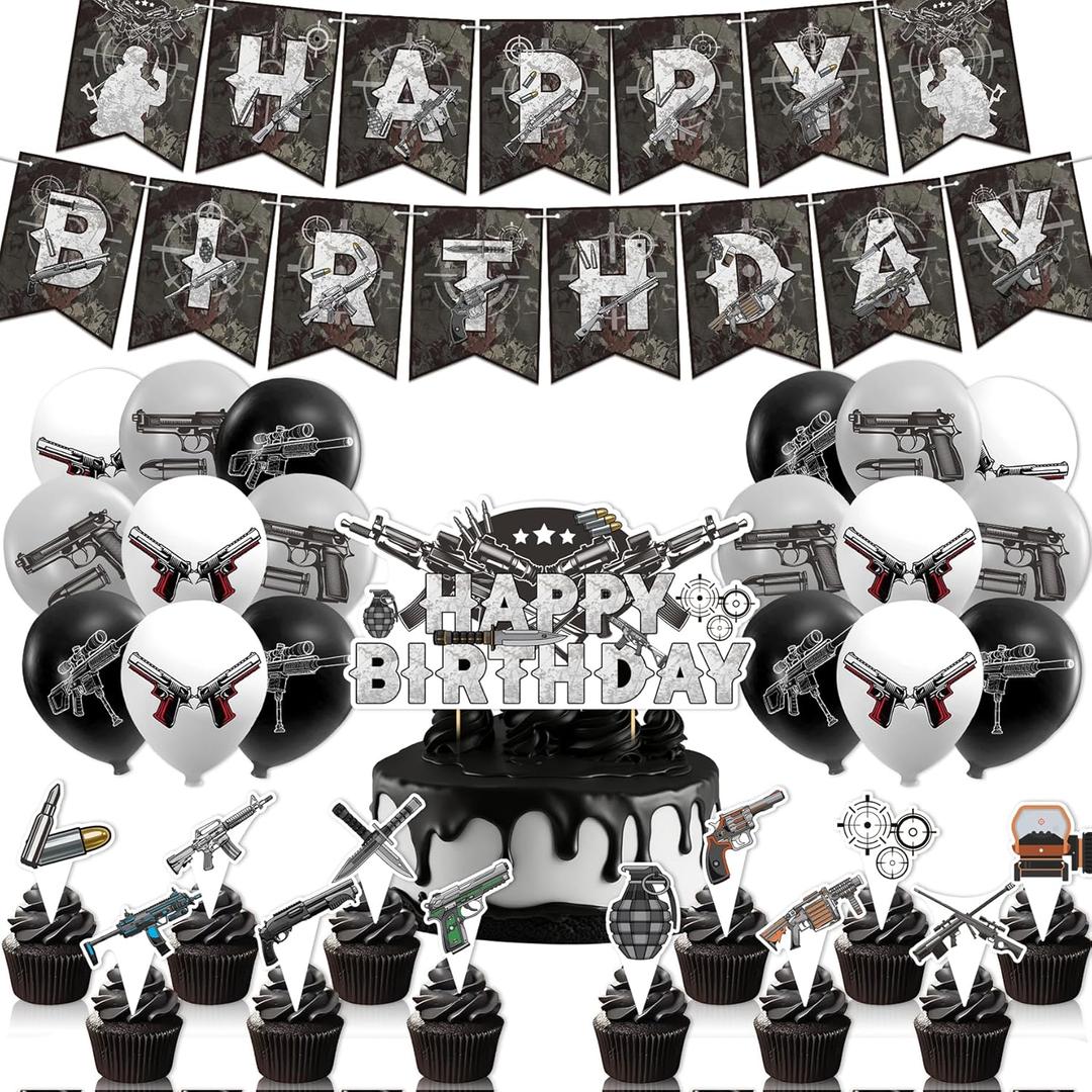 Party Decorations Pistol Shooting Birthday Decorations Set, Party Supplies Includes Birthday Banner, Cake Topper, Cupcake Toppers, Latex Balloons