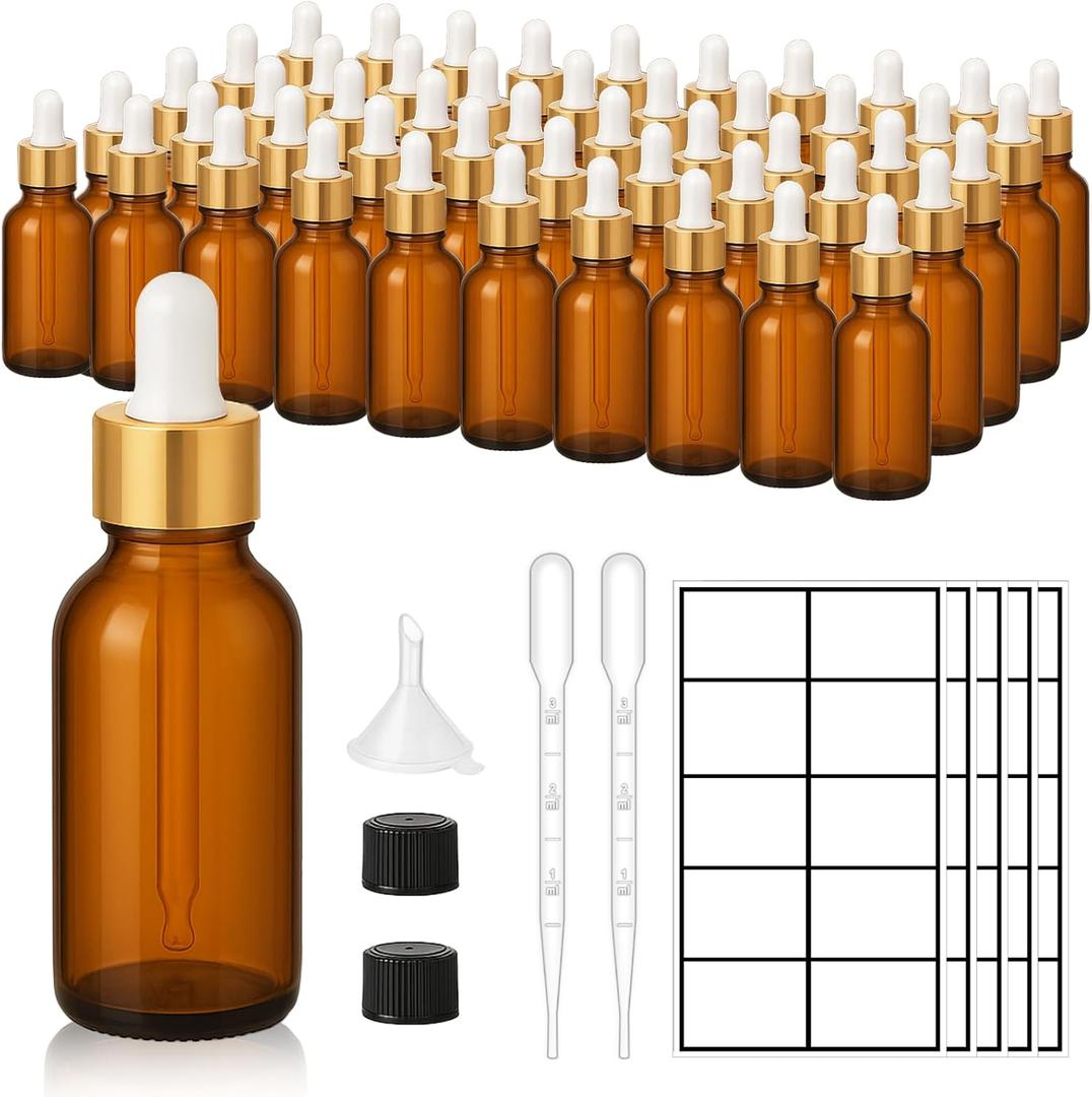 50Pack 1oz Amber Glass Dropper Bottles with Gold Lids, Funnels, Droppers, Extra Caps & Labels  Leakproof, UV Resistant 30ml Empty Bottle for Tinctures, Essential Oils, Beard, Hair Oils