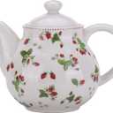 Porcelain Teapots,Lovely Strawberry Design Tea Pot for Tea or Coffee,Ceramic Teapot with Lids,Home and Kitchen Dining Serveware Pot,Beige