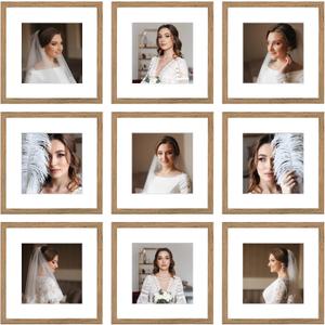 12x12 Picture Frame Set of 9, Display Pictures 8x8 with Mat or 12x12 without Mat, Multi Collage Gallery Square Photo Frames for Wall or Tabletop, Light Brown
