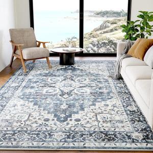 AMADA HOMEFURNISHING 6x9 Area Rugs, Blue Low-Profile Washable Rug with Non-Slip Backing & Durable Edge Binding, Vintage Rugs for Living Room, Bedroom, Dinning Room